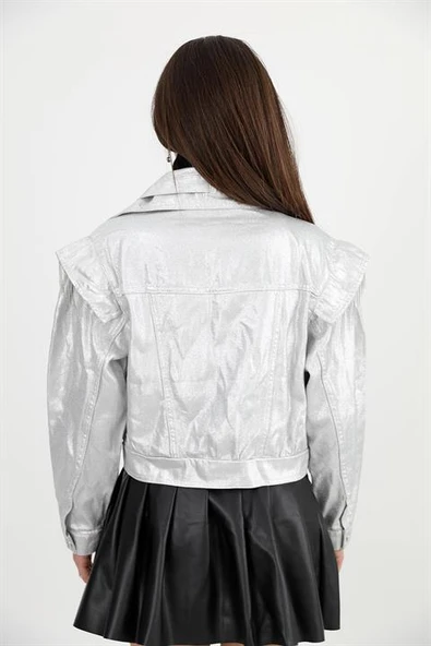 Ceket Omuzları Zincir Detaylı Kısa Simli - Gümüş - Resim 7