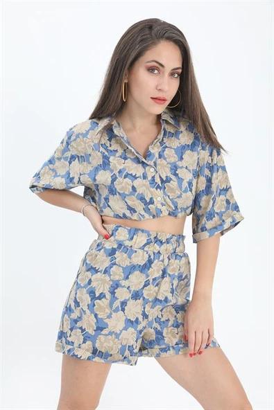 Şort Baskılı Duble Katlamalı Lastikli - Mavi ürün görseli 1