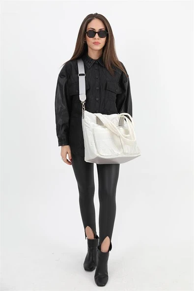 Cepli Fermuarlı Omuz Çantası - Ekru ürün görseli 1