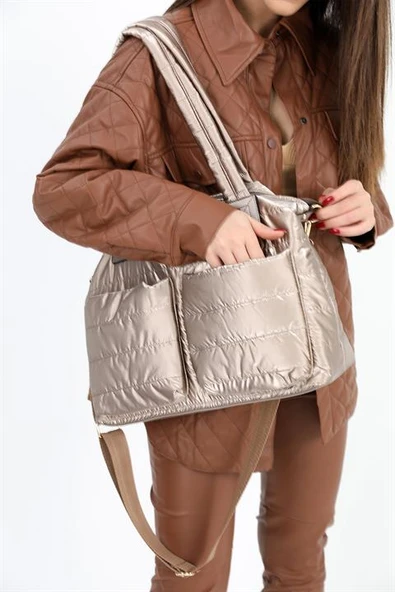 Cepli Fermuarlı Omuz Çantası - Vizon - Resim 6