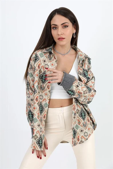 Gömlek Kot Garnili Baskılı Jakar Kapitone - Yeşil - Resim 2