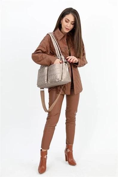 Cepli Fermuarlı Omuz Çantası - Vizon - Resim 5