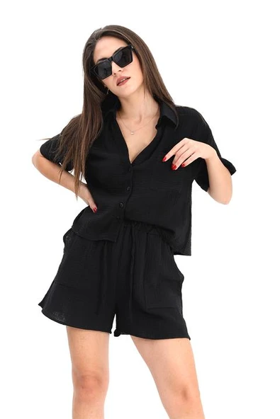 Takım Müslin Gömlek Şort - Siyah - Resim 2