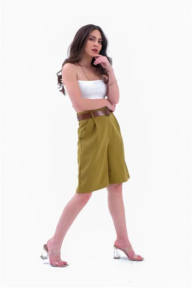 Şort Yüksek Bel Kemerli Bermuda - Haki - Resim 3