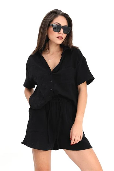 Takım Müslin Gömlek Şort - Siyah - Resim 5