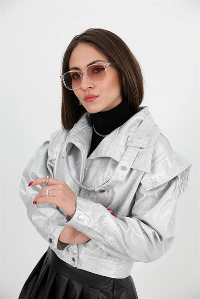 Ceket Omuzları Zincir Detaylı Kısa Simli - Gümüş - Resim 5