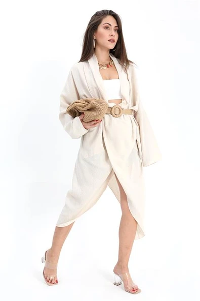 Tunik Bohem Cepli Düz Keten - Taş - Resim 3