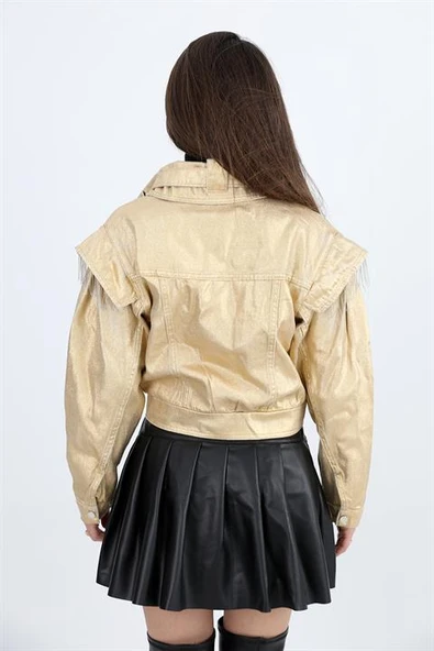 Ceket Omuzları Zincir Detaylı Kısa Simli - Gold - Resim 7