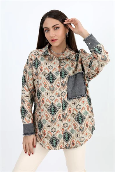 Gömlek Kot Garnili Baskılı Jakar Kapitone - Yeşil ürün görseli 1