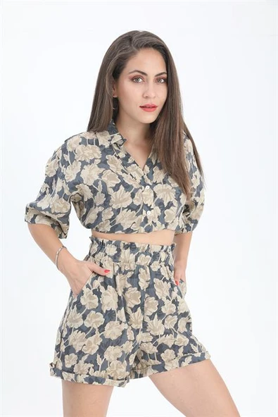 Şort Baskılı Duble Katlamalı Lastikli - Lacivert ürün görseli 1