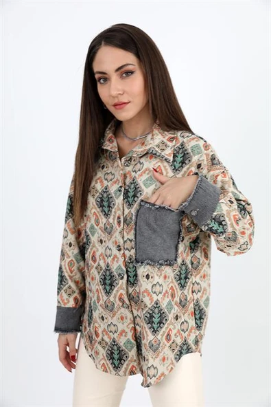 Gömlek Kot Garnili Baskılı Jakar Kapitone - Yeşil - Resim 4