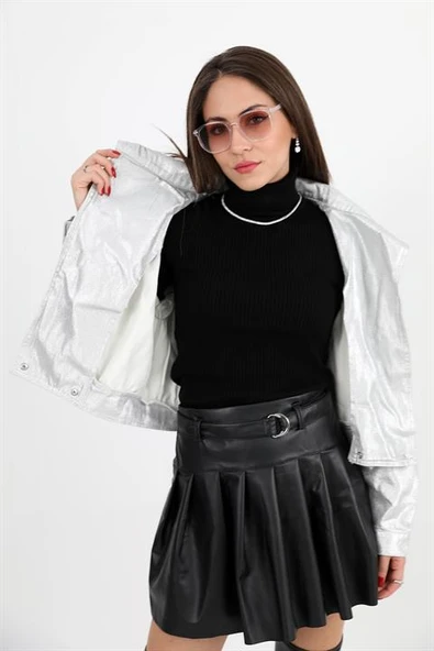 Ceket Omuzları Zincir Detaylı Kısa Simli - Gümüş - Resim 6