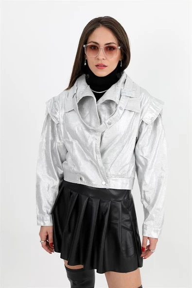 Ceket Omuzları Zincir Detaylı Kısa Simli - Gümüş - Resim 3