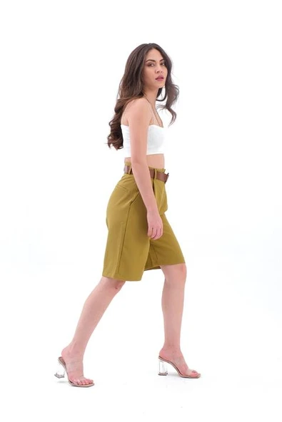 Şort Yüksek Bel Kemerli Bermuda - Haki - Resim 4