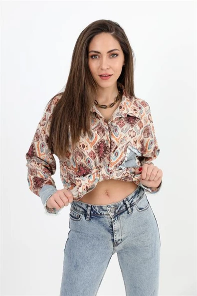 Gömlek Kot Garnili Baskılı Jakar Kapitone - Tarçın - Resim 2