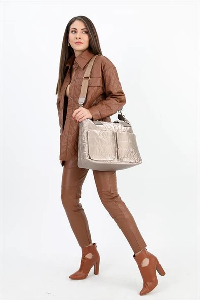 Cepli Fermuarlı Omuz Çantası - Vizon - Resim 3