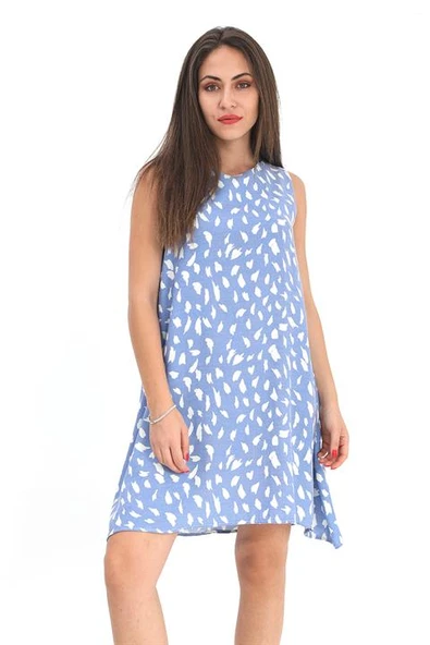 Elbise Sıfır Kol Desenli Keten - Mavi ürün görseli 1