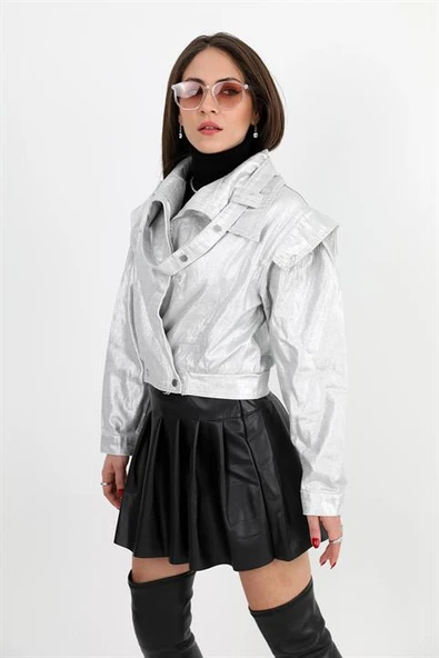 Ceket Omuzları Zincir Detaylı Kısa Simli - Gümüş - Resim 4