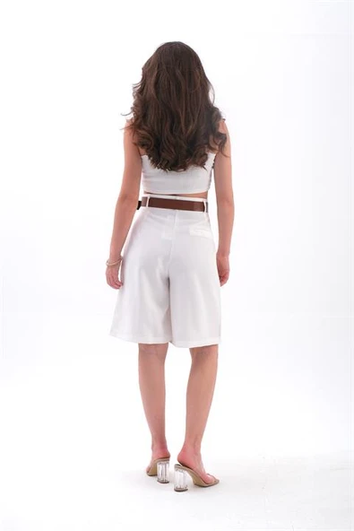 Şort Yüksek Bel Kemerli Bermuda - Ekru - Resim 4