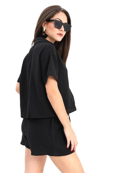 Takım Müslin Gömlek Şort - Siyah - Resim 4