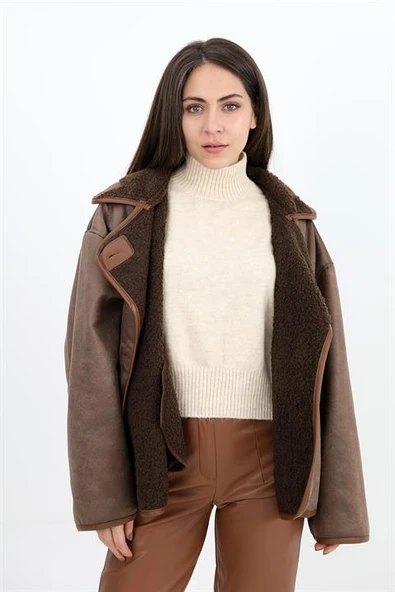 Kıvırcık Cepli Deri Düğmeli Ceket - Kahverengi - 3