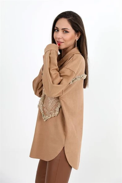 Gömlek Cebi Püsküllü Nakışlı Süet - Camel - Resim 6