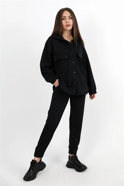 Jakarlı Kapitone İkili Takım - Siyah ürün görseli 1