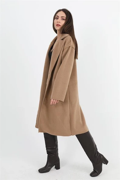 Kaşe Kaban Kruvaze Yaka Kolu Arma Detaylı - Camel - 6