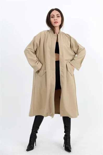 Trençkot Yakası Ribanalı Kolu Çıtçıtlı Fermuarlı - Vizon - Resim 2