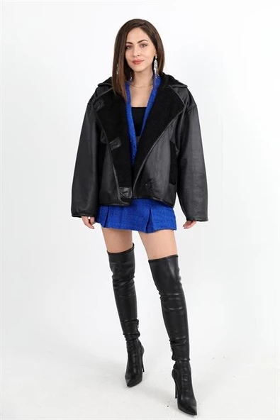 Kıvırcık Cepli Deri Düğmeli Ceket - Siyah - Resim 2