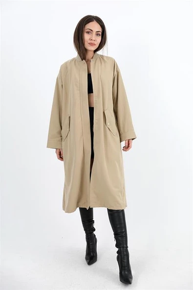 Trençkot Yakası Ribanalı Kolu Çıtçıtlı Fermuarlı - Vizon - Resim 3