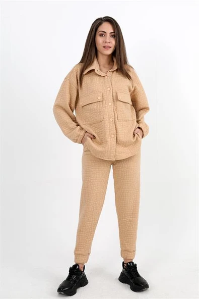 Jakarlı Kapitone İkili Takım - Vizon ürün görseli 1