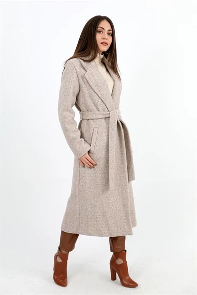 Kruvaze Yaka Fleto Cepli Uzun Kaban - Vizon - 4