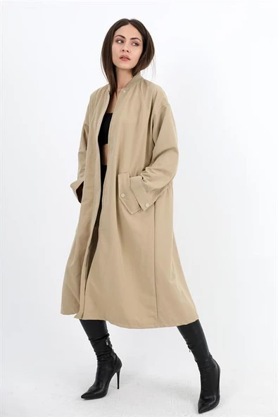 Trençkot Yakası Ribanalı Kolu Çıtçıtlı Fermuarlı - Vizon - Resim 7