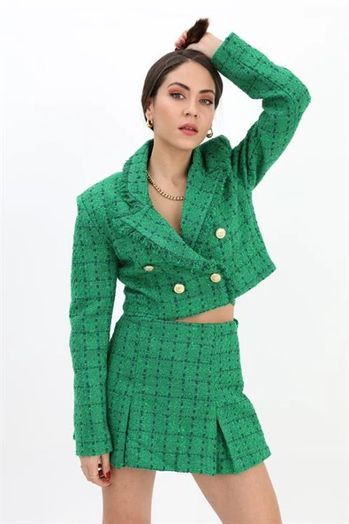 Püskül Detaylı Kruvaze Yaka Chanel Kısa Ceket - Yeşil - 4