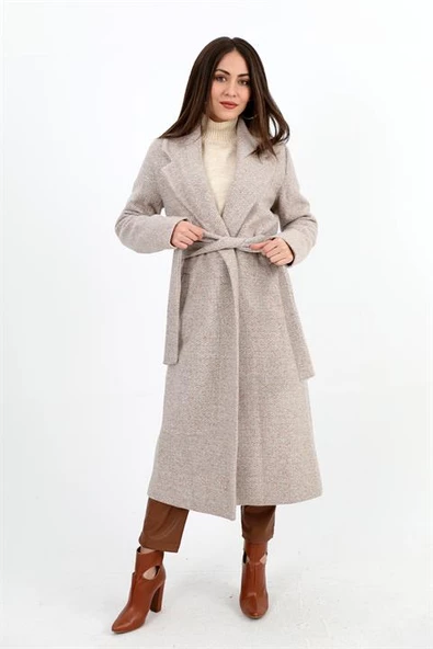 Kruvaze Yaka Fleto Cepli Uzun Kaban - Vizon - 2