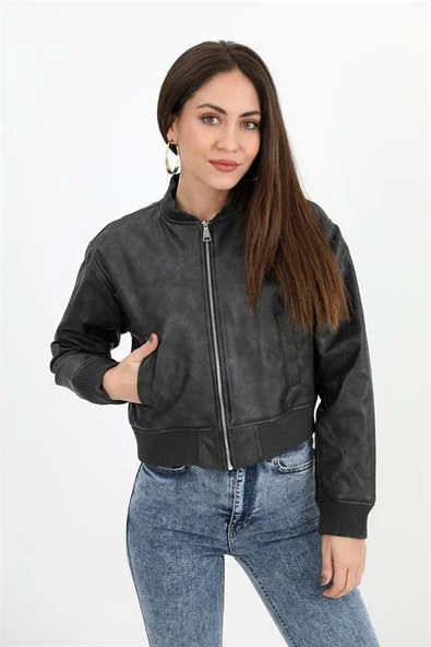 Ribanalı Eskitme Deri Mont - Siyah - Resim 2