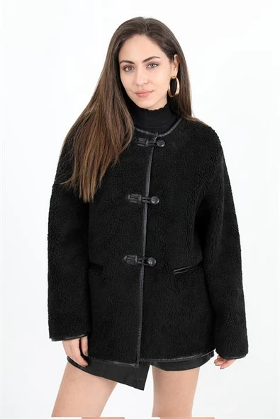 Bisiklet Yaka Kıvırcık Ceket - Siyah - Resim 4