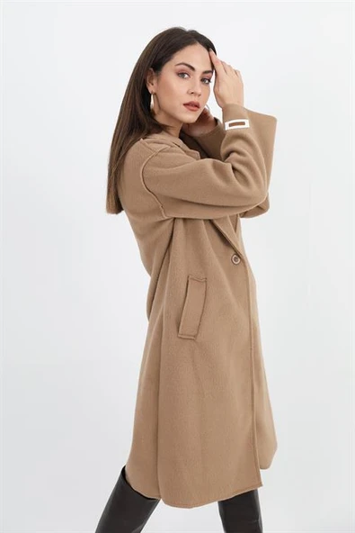 Kaşe Kaban Kruvaze Yaka Kolu Arma Detaylı - Camel - 5