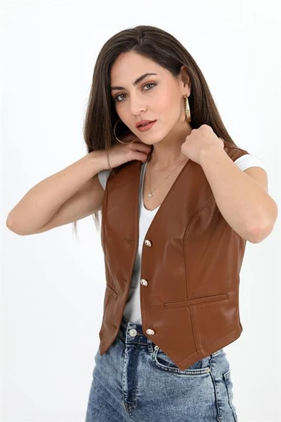 Fleto Cepli Deri Yelek - Taba - Resim 6