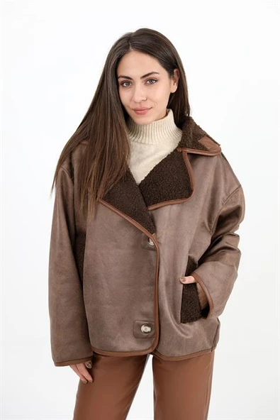 Kıvırcık Cepli Deri Düğmeli Ceket - Kahverengi - 2