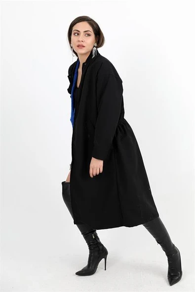 Trençkot Yakası Ribanalı Kolu Çıtçıtlı Fermuarlı - Siyah - Resim 3