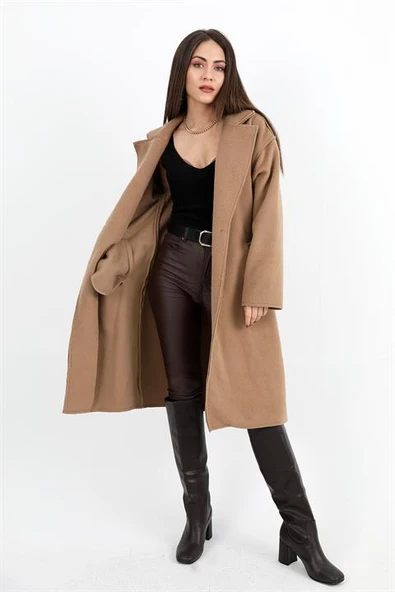 Kaşe Kaban Kruvaze Yaka Kolu Arma Detaylı - Camel - 3