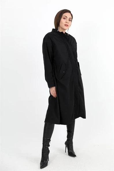 Trençkot Yakası Ribanalı Kolu Çıtçıtlı Fermuarlı - Siyah - Resim 2