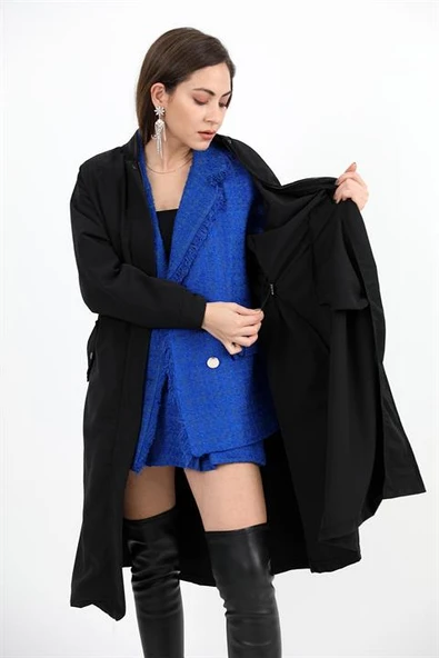 Trençkot Yakası Ribanalı Kolu Çıtçıtlı Fermuarlı - Siyah - Resim 5