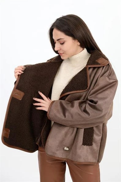 Kıvırcık Cepli Deri Düğmeli Ceket - Kahverengi - 4