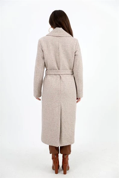 Kruvaze Yaka Fleto Cepli Uzun Kaban - Vizon - 8