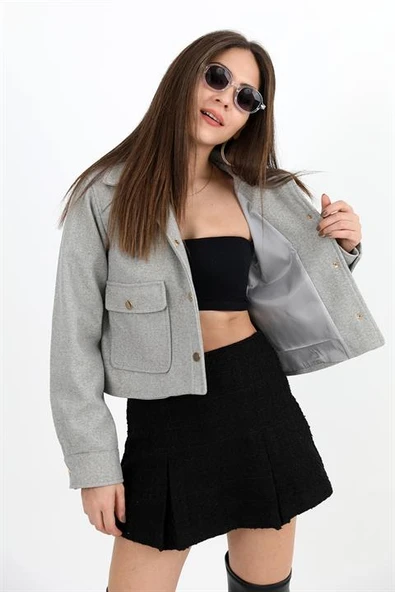 Çıtçıtlı Melanjlı Kısa Ceket - Gri - Resim 4