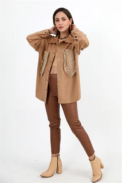 Gömlek Cebi Püsküllü Nakışlı Süet - Camel - Resim 3