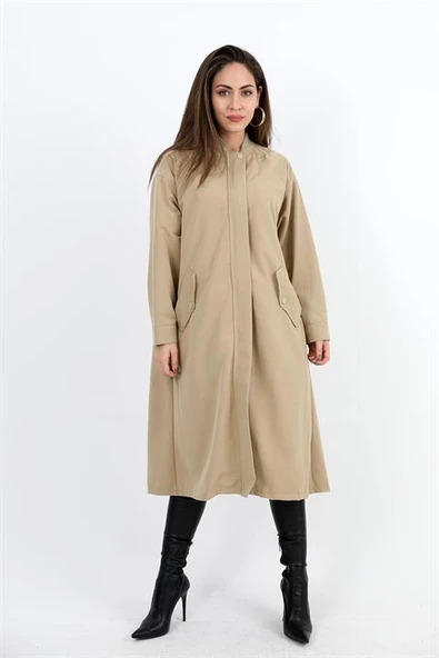 Trençkot Yakası Ribanalı Kolu Çıtçıtlı Fermuarlı - Vizon ürün görseli 1